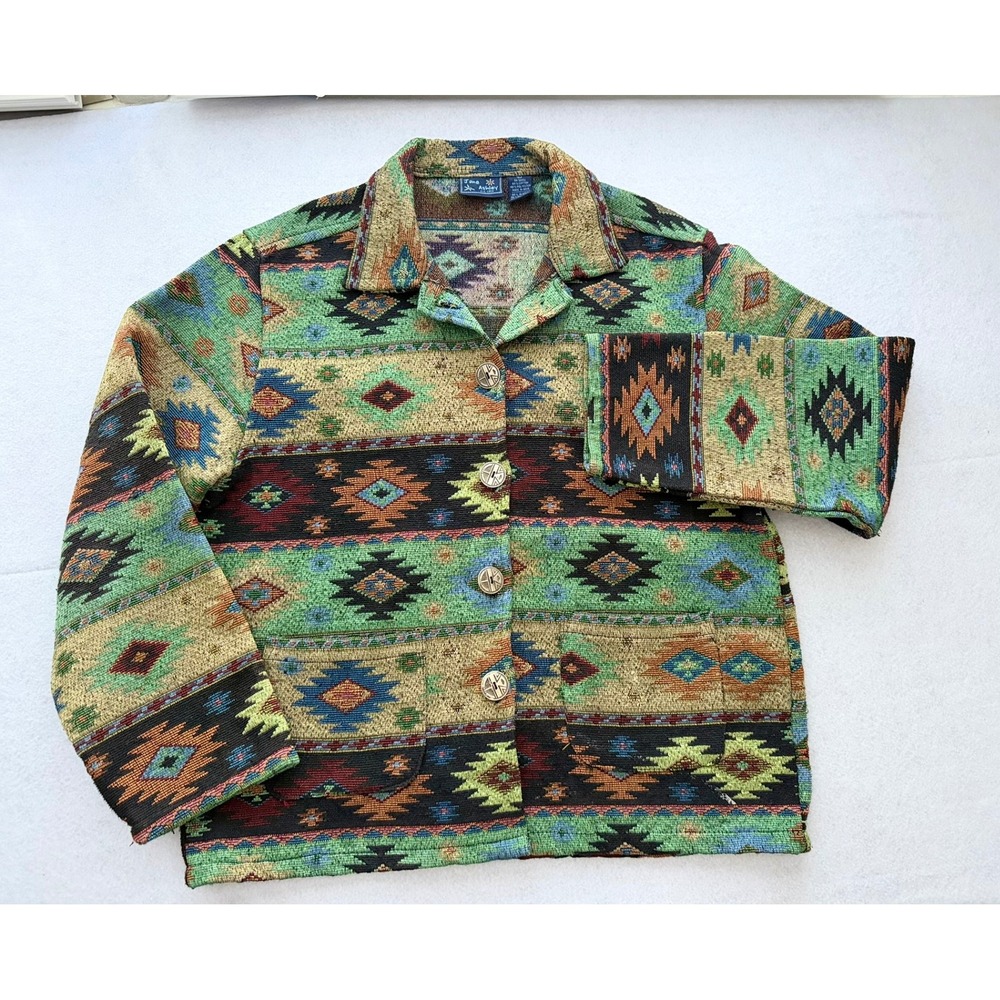 Jane Ashley Southwestern Tapestry Jacket Womens Large Green Geometric Button Up
